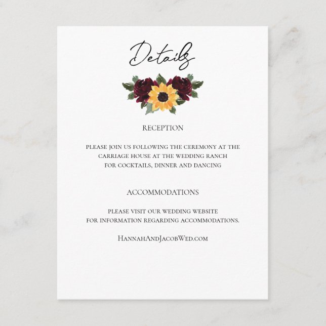 Tarjeta De Recepción Detalles del Boda de Rosas de girasol ruso (Anverso)