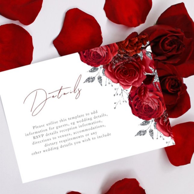 Tarjeta De Recepción Detalles del Boda de rosas rojas y plata (Subido por el creador)