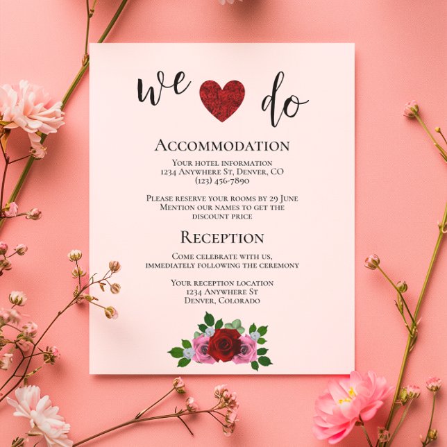 Tarjeta De Recepción Detalles del Boda de rosas rojas y rosadas (Subido por el creador)