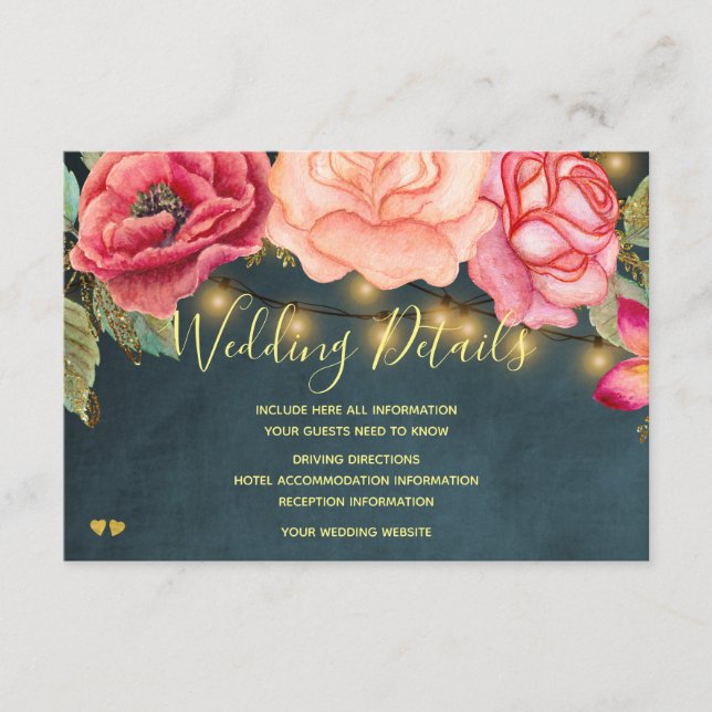 Tarjeta De Recepción Detalles del boda de rosas románticos rosa de Rubo (Anverso)