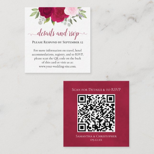 Tarjeta De Recepción Detalles del Boda de rosas rosa magenta y código Q (Anverso / Reverso)