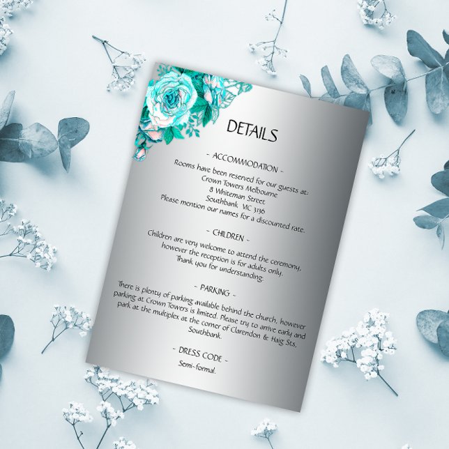 Tarjeta De Recepción Detalles del Boda de Rosas Silver y Aqua (Subido por el creador)