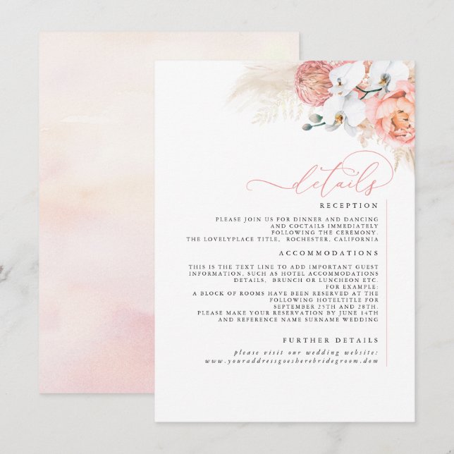 Tarjeta De Recepción Detalles del Boda de Rubor rosa graso Pampas (Anverso / Reverso)