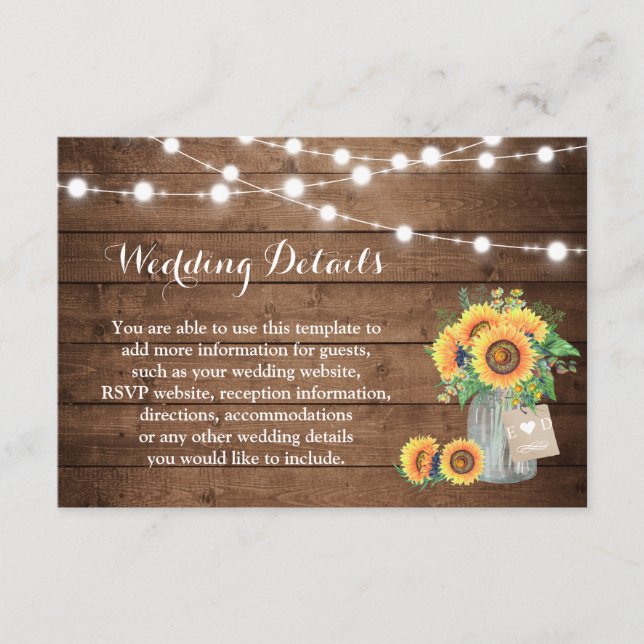 Tarjeta De Recepción Detalles del Boda de Rustic Sunflowers String Ligh (Anverso)