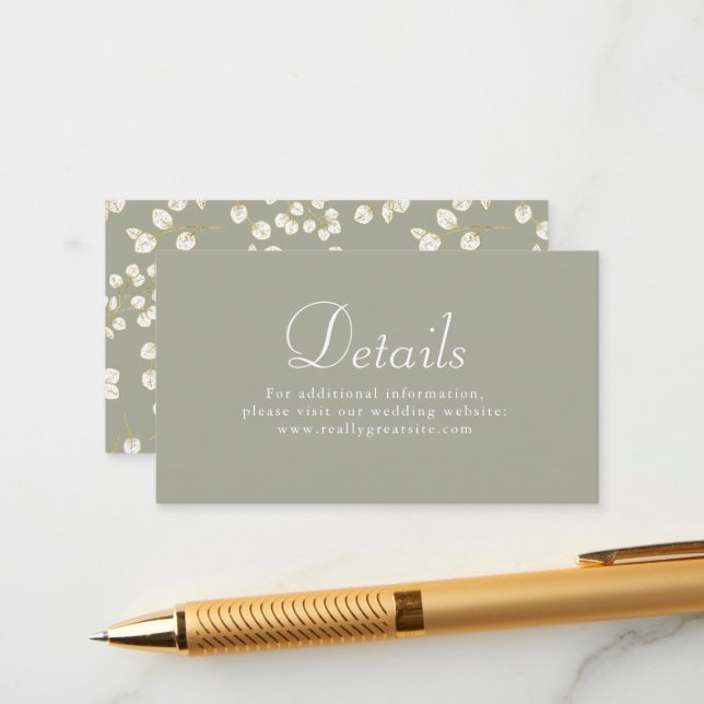 Tarjeta De Recepción Detalles del Boda de Sage Green Gold Eucalyptus (Anverso/Reverso In Situ)