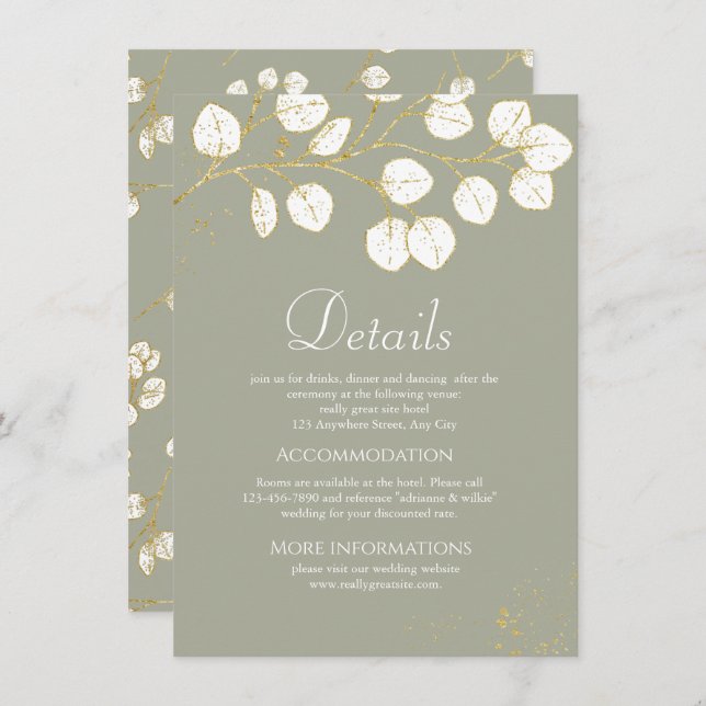 Tarjeta De Recepción Detalles del Boda de Sage Green Gold Eucalyptus (Anverso / Reverso)