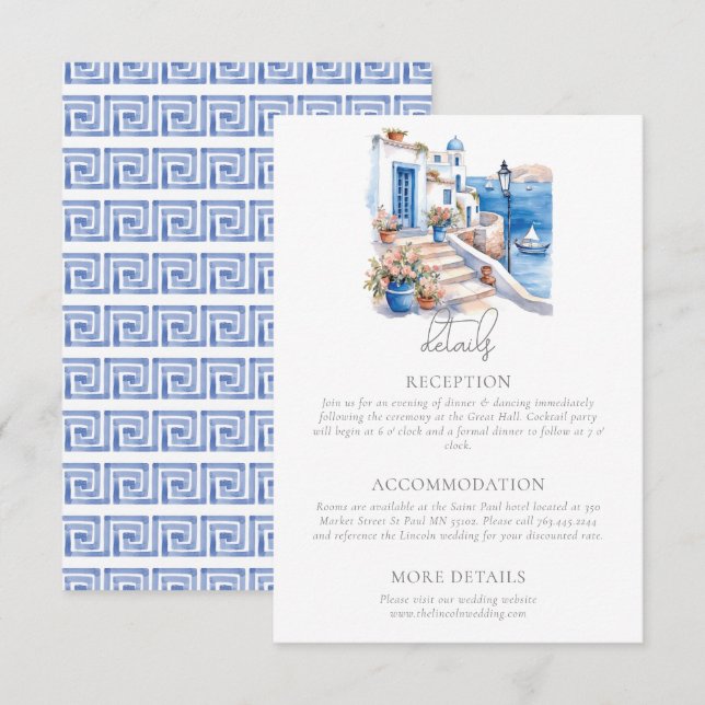 Tarjeta De Recepción Detalles del Boda de Santorini Grecia (Anverso / Reverso)