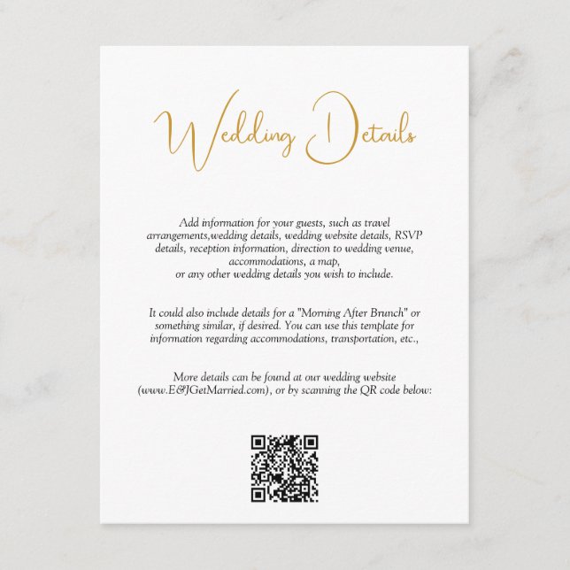 Tarjeta De Recepción Detalles del Boda de script manuscrito QR Code Gol (Anverso)