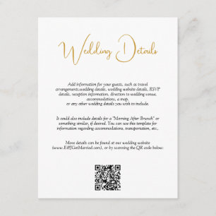 Tarjeta De Recepción Detalles del Boda de script manuscrito QR Code Gol