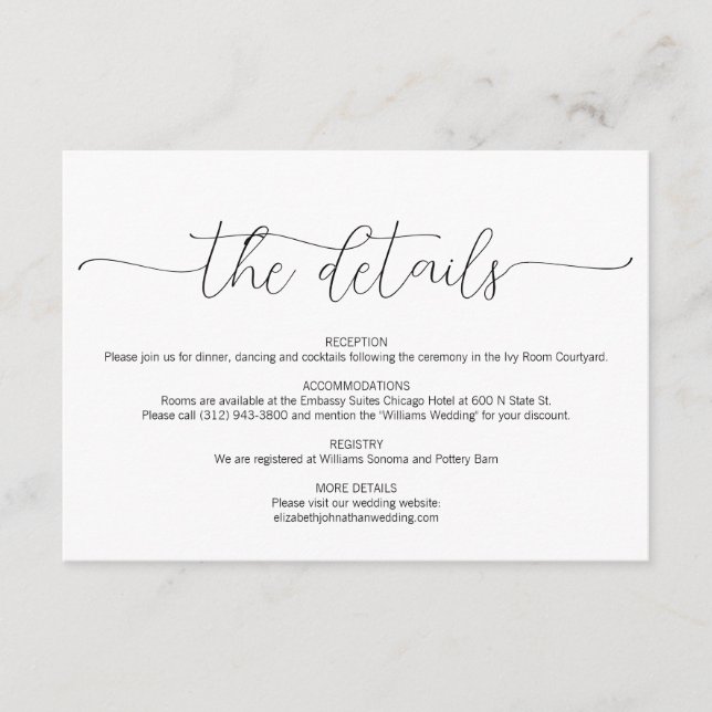 Tarjeta De Recepción Detalles del Boda de script mínimo simple (Anverso)