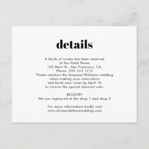 Tarjeta De Recepción Detalles del Boda de serie negrita simple