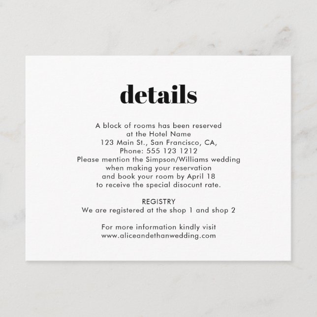 Tarjeta De Recepción Detalles del Boda de serie negrita simple (Anverso)