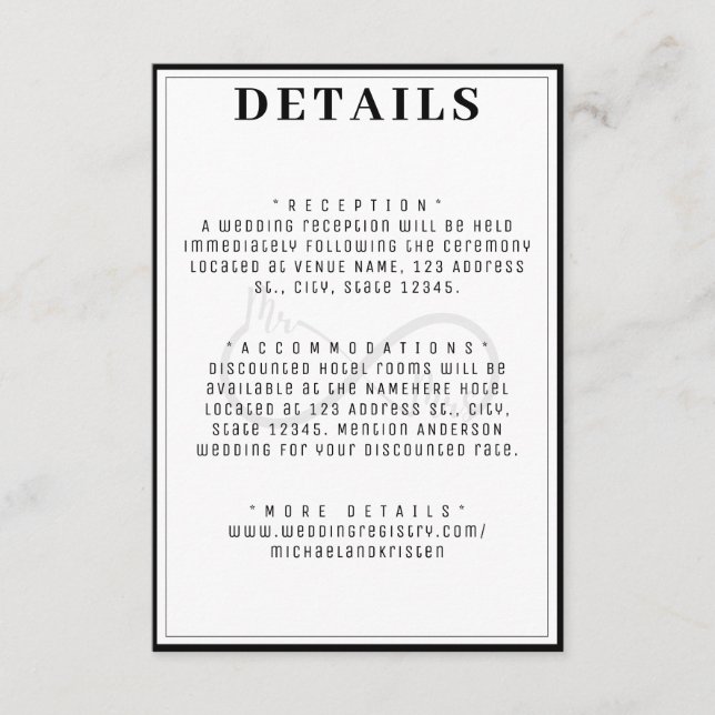 Tarjeta De Recepción Detalles del Boda de símbolos infinito Mr & Mrs. (Anverso)