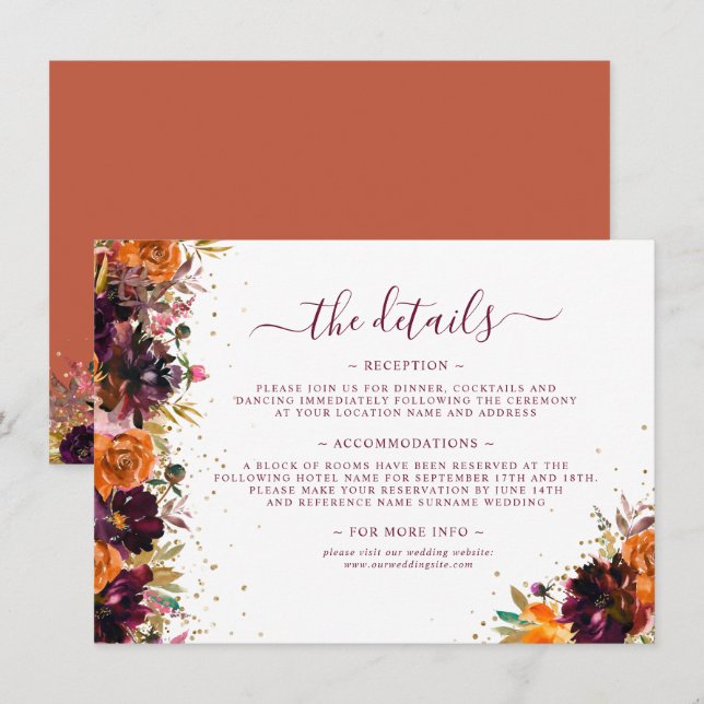 Tarjeta De Recepción Detalles del Boda de Terracota Floral de otoño (Anverso / Reverso)