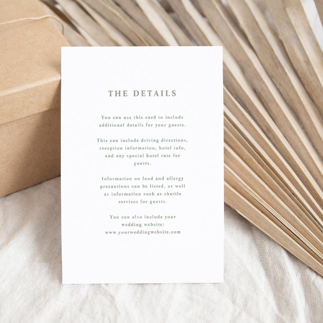 Tarjeta De Recepción Detalles del Boda de texto elegante blanco y sabio (Subido por el creador)