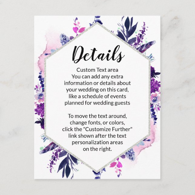 Tarjeta De Recepción Detalles del Boda de Violeta Floral encantada Hexa (Anverso)