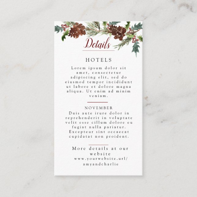 Tarjeta De Recepción Detalles del Boda de Winter Pine (Anverso)