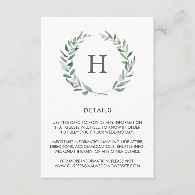 Tarjeta De Recepción Detalles del Boda de Wreath sobre la vegetación de (Anverso)