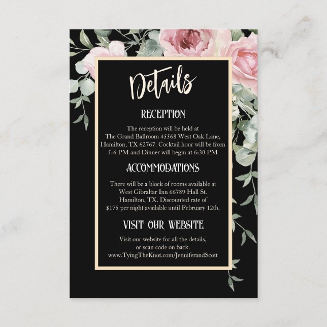 Tarjeta De Recepción Detalles del Boda del Boho floral negro y rosa (Anverso)