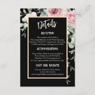Tarjeta De Recepción Detalles del Boda del Boho floral negro y rosa