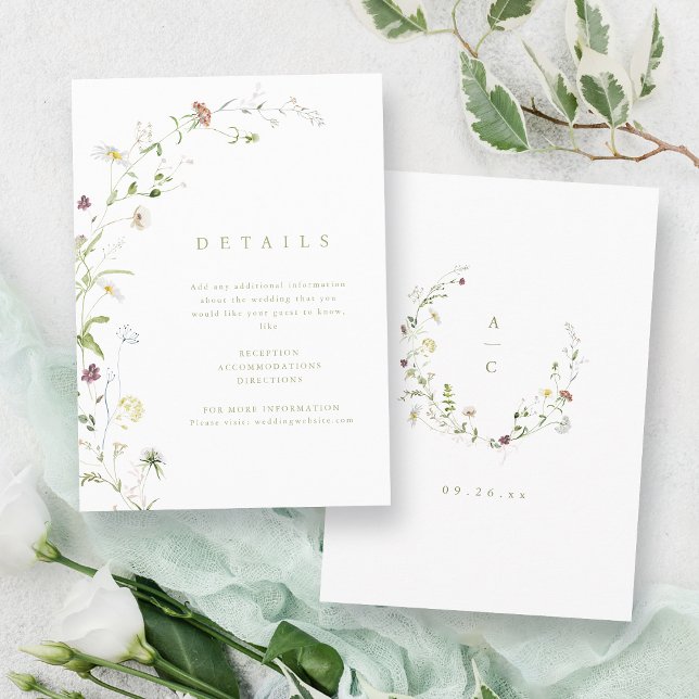 Tarjeta De Recepción Detalles del Boda del Boho Rústico de Flor Silvest (Sage Green Wildflower Rustic Boho Wedding Details Enclosure Card)
