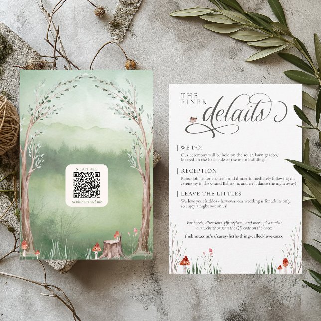 Tarjeta De Recepción Detalles del Boda del bosque caprichoso del árbol  (Cute whimsical cottagecore dreamy sage green tree arch  & mushrooms wedding invitation Details card)