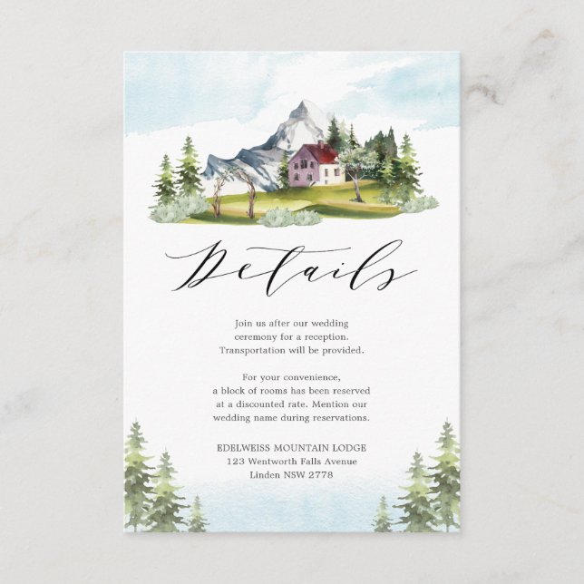Tarjeta De Recepción Detalles del Boda del bosque de pinos de montaña (Anverso)