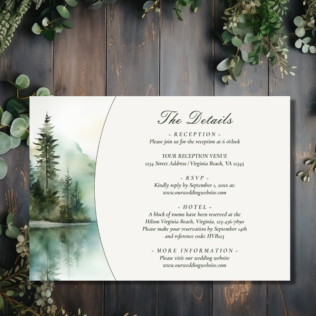 Tarjeta De Recepción Detalles del Boda del Bosque del Lago Rústico de M (Front - Rustic Mountain Lake Forest Wedding Details Enclosure Card)