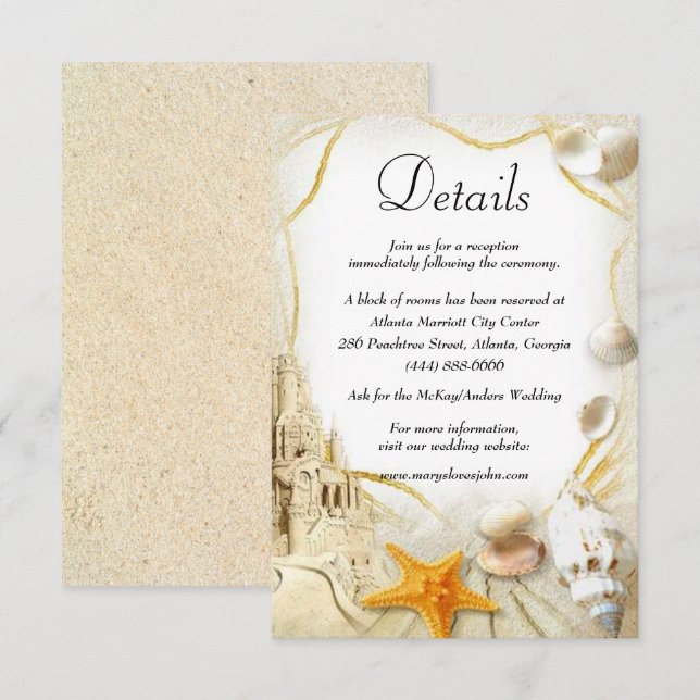 Tarjeta De Recepción Detalles del Boda del Castillo de Arena de Playa (Anverso / Reverso)