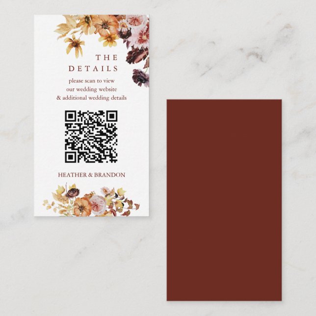 Tarjeta De Recepción Detalles del Boda del código QR del Boho otoño (Anverso / Reverso)