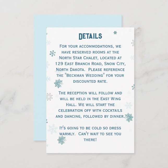 Tarjeta De Recepción Detalles del Boda del copo de nieve Winter Wonderl (Anverso / Reverso)