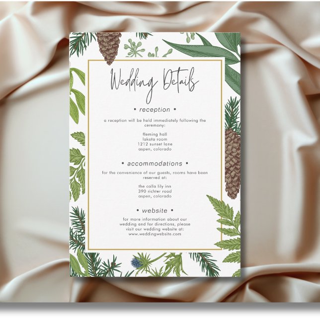 Tarjeta De Recepción Detalles del Boda del cuadro de pinturas y natural (Rustic Winter Nature & Pine Frame Wedding Details Enclosure Card)