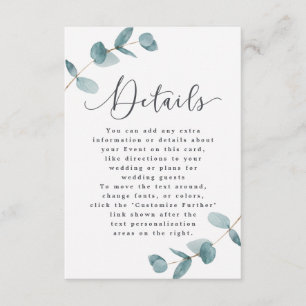 Tarjeta De Recepción Detalles del Boda del cuadro del eucalipto Minimal