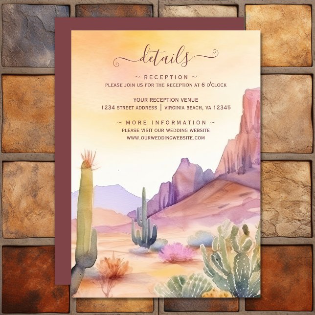 Tarjeta De Recepción Detalles del Boda del Desierto de las Acuarelas y  (Watercolor Desert and Cactus Wedding Details Enclosure Card)