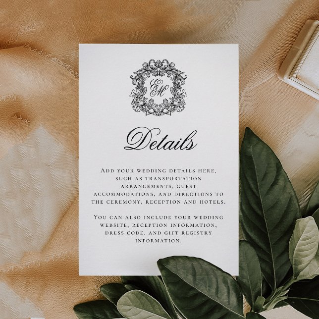 Tarjeta De Recepción Detalles del Boda del Escudo de monograma de guión (Subido por el creador)