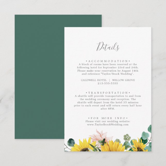 Tarjeta De Recepción Detalles del Boda del Eucalyptus del girasol ruso (Anverso / Reverso)