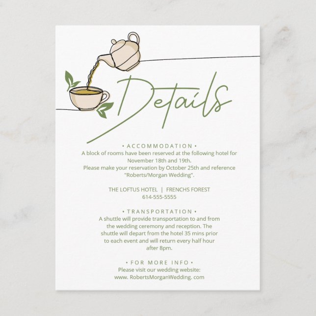 Tarjeta De Recepción Detalles del Boda del Fiesta del té verde (Anverso)