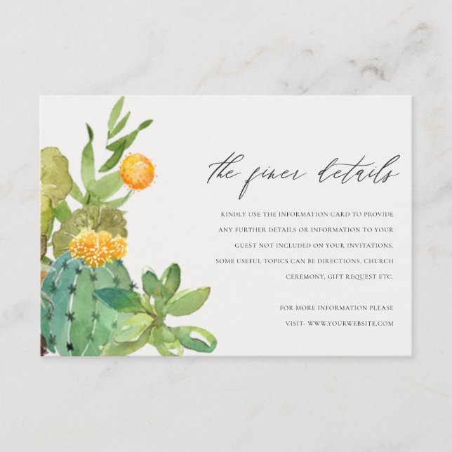 Tarjeta De Recepción Detalles del Boda del follaje amarillo Cactus Sucu (Anverso)