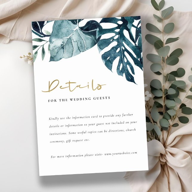 Tarjeta De Recepción Detalles del Boda del follaje azul de Monstera Tro (Subido por el creador)