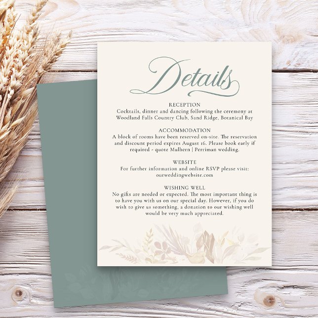 Tarjeta De Recepción Detalles del Boda del follaje botánico verde sabio (Sage Green wedding details enclosure card - Foliage Duet wedding collection)