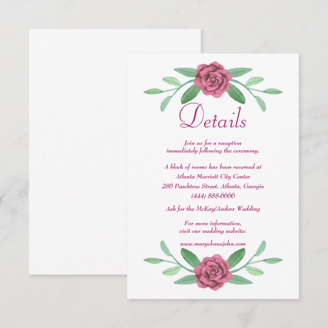 Tarjeta De Recepción Detalles del Boda del follaje floral rosa (Anverso / Reverso)