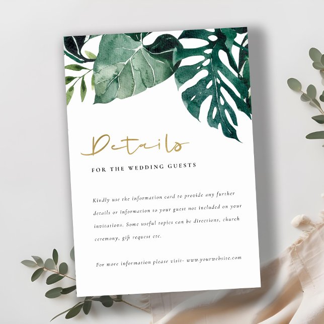 Tarjeta De Recepción Detalles del Boda del follaje verde de Monstera Tr (Subido por el creador)