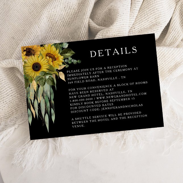 Tarjeta De Recepción Detalles del Boda del girasol negro (Black Sunflower Wedding Details Enclosure Card)