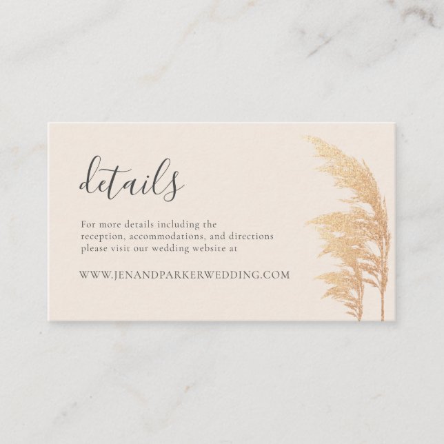 Tarjeta De Recepción Detalles del Boda del Glam Rústico del Boho Pampas (Anverso)