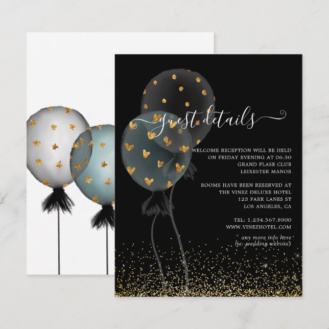 Tarjeta De Recepción Detalles del Boda del globo Purpurina negro y dora (Anverso / Reverso)