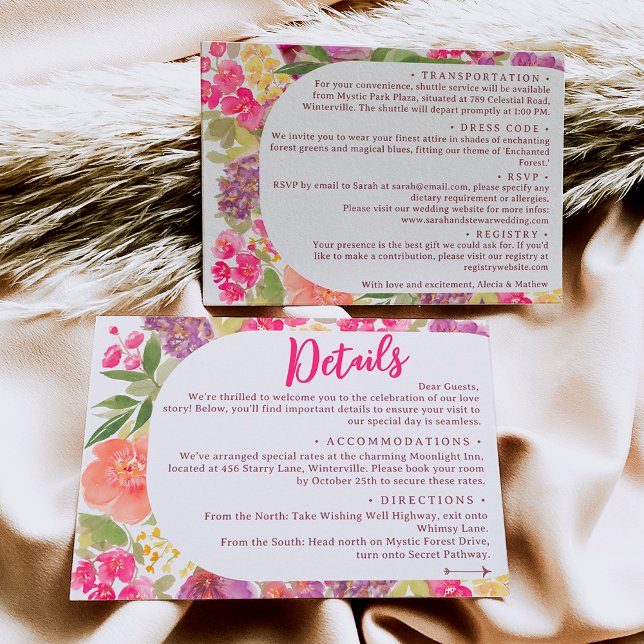 Tarjeta De Recepción Detalles del boda del guión de arco floral brillan (Bohemian bright floral arch script wedding details enclosure card)