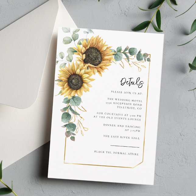 Tarjeta De Recepción Detalles del Boda del guión del girasol floral (Sunflower Floral Eucalyptus Greenery Wedding Details Enclosure Card)