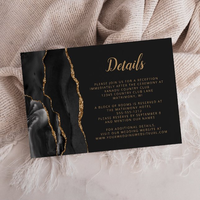Tarjeta De Recepción Detalles del Boda del guión del pincel de oro negr (Subido por el creador)