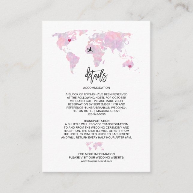 Tarjeta De Recepción Detalles del Boda del mapa mundial de acuarela de  (Anverso)