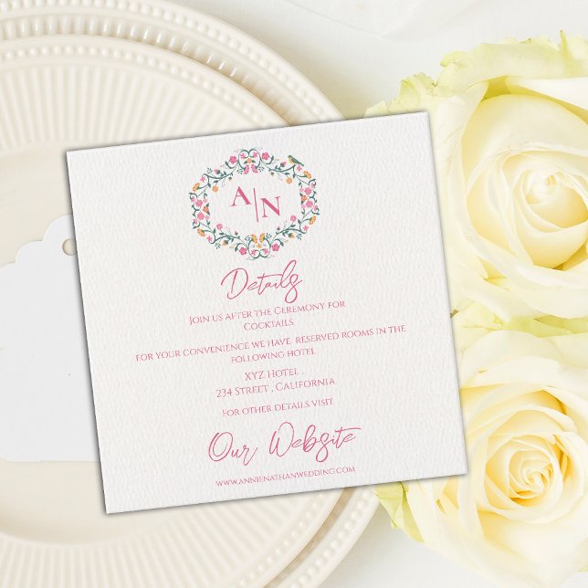Tarjeta De Recepción Detalles del Boda del marco floral elegante monogr (Monogram Elegant Floral Frame Wedding Details Enclosure Card)